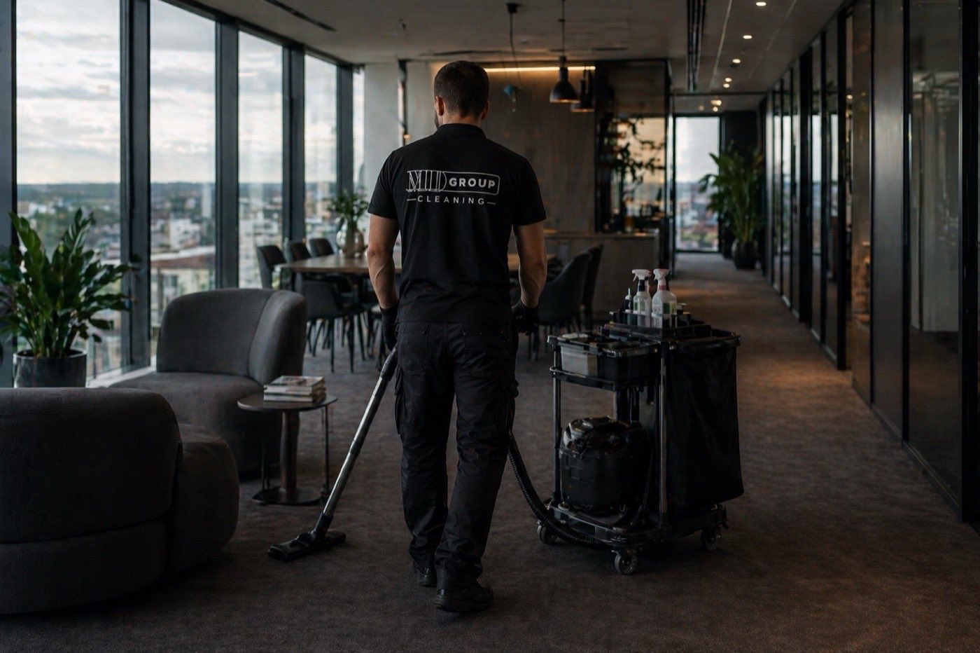 Pracownik MD Group Cleaning z profesjonalnym wozkiem serwisowym